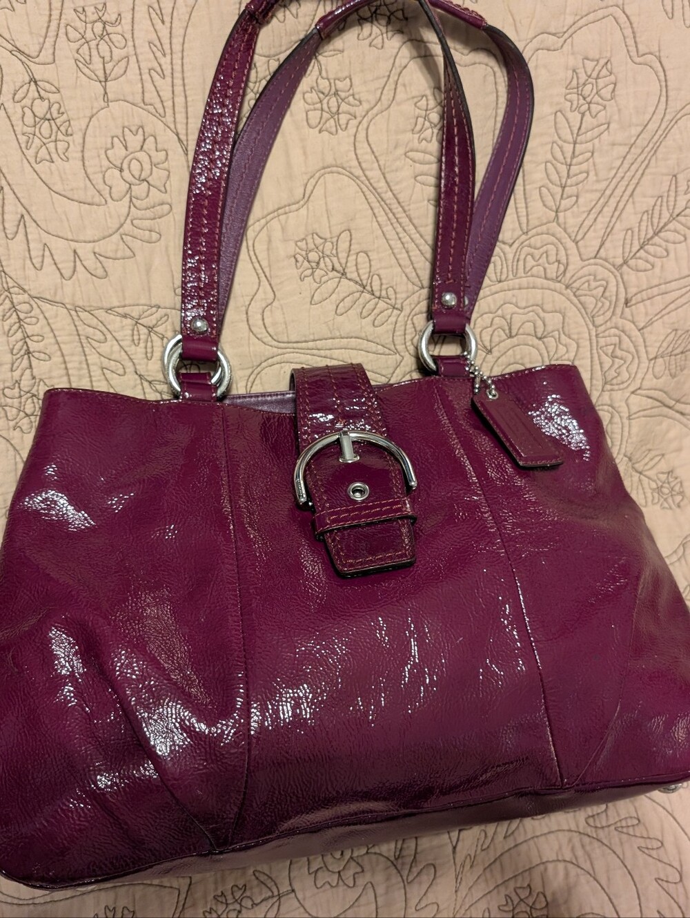 Coach Patent Leather Tote Bag in Plum - Women's Shoulder Handbag
